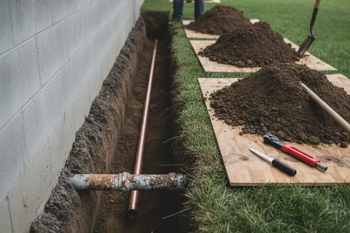 Excavated water line trench during Water Heater Repair in Ochlocknee